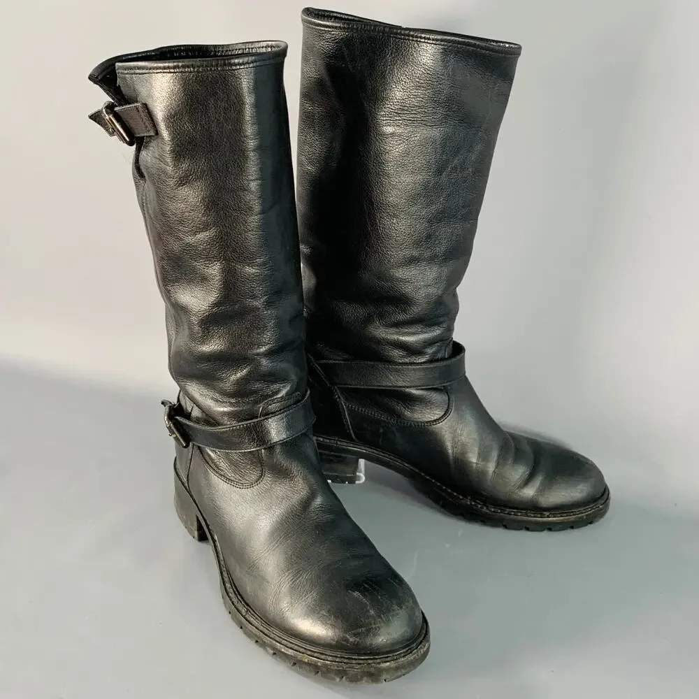FENDI Size 9 Black Leather Shearling Lined Pull On Buckle Boots
